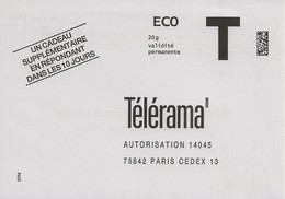 Lettre T , Télérama (revue) Eco 20g - Cartes/Enveloppes Réponse T