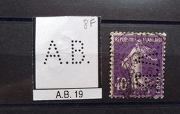 FRANCE TIMBRE SEMEUSE AB 19 INDICE 8 SUR 236 PERFORE PERFORES PERFIN PERFINS PERFO PERFORATION PERFORIERT LOCHUNG - Usados