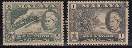 2v (1c & 8c) , Selangor Used 1957, Malaya / Malaysia, Train, Copra Coconut Tree, (cond., Perf Short) - Selangor