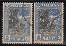 2 Diff., 50c Colour Variety Malacca Used 1960  SG57 & 57a, Malaya, Malaysia, Aborignies, Blowpipe, Animal, Mouse Deer - Malacca