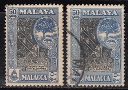 2 Diff., 50c Colour Variety Malacca Used 1960  SG57 & 57a, Malaya, Malaysia, Aborignies, Blowpipe, Animal, Mouse Deer - Malacca