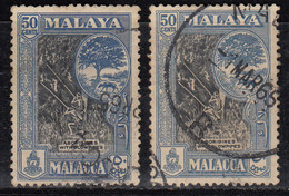 2 Diff., 50c Colour Variety Malacca Used 1960  SG57 & 57a, Malaya, Malaysia, Aborignies, Blowpipe, Animal, Mouse Deer - Malacca