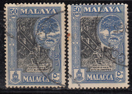 2 Diff., 50c Colour Variety Malacca Used 1960  SG57 & 57a, Malaya, Malaysia, Aborignies, Blowpipe, Animal, Mouse Deer - Malacca