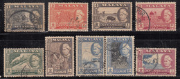 9v Used Selangor 1957, Malaya / Malaysia, Train, Copra Coconut Tree, Tiger, Mosque, Fruit Pineapple - Selangor