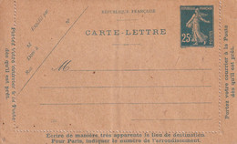 France Entiers Postaux - 25c Semeuse - Carte Lettre - Kartenbriefe