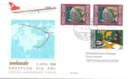 Liechtenstein: 1986 Swissair Air Mail Brief Zürich - Anchorage - Tokyo - Storia Postale
