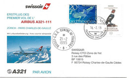 Liechtenstein: 1995 Swissair Air Mail Brief Zürich - Paris (Erstflug Airbus A321-111) - Storia Postale