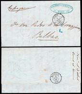 Vizcaya - 1858 - Carta Encaminada Por "Bouffard - Ferrer" De Liverpool + "Paris 1/4/58" A Bilbao - Briefe U. Dokumente