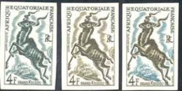 FRENCH EQUATORIAL AFRICA(1957) Greater Kudu. Set Of 3 Trial Color Proofs In Different Colors. Scott 198, Yvert 241. - Andere & Zonder Classificatie