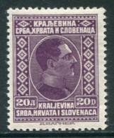 YUGOSLAVIA 1926-27 King Alexander Portrait Definitive 20 D.MNH / **.  Michel 198 - Nuevos