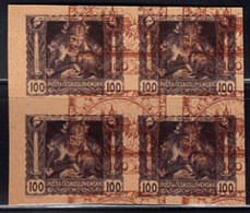 CZECHOSLOVAKIA(1919) Mother And Child. Block Of 4 Imperforate Proofs On Yellow Paper With Overlay Of Hradcany - Probe- Und Nachdrucke