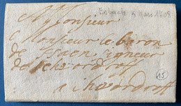 Lettre D'ESBACH De 1708 Du Baron Philippe Francois De Haen à Son Frère Baron Et Seigneur De Schwerdorff (Moselle) - ....-1700: Précurseurs