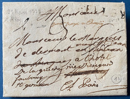 Lettre De BELLEY 29 Mars 1777 Au Marquis Mont St Jean De Clermont à PARIS Taxe 3 Sols Réexpédié En Port Payé (manuscrit) - ....-1700: Voorlopers