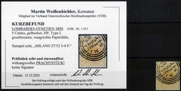 O 1850, 5 Cent. Giallo Ocra I°tipo Con Grinza Naturale Di Carta, Usato, Splendido, Certificato Weißenbichler, Sass. 1 /  - Lombardo-Venetien