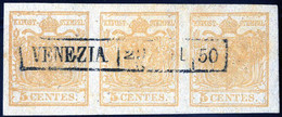 O 1850, 5 Cent. Giallo Arancio Chiaro Striscia Orizzontale Di Tre, Annullato Venezia, Splendido, Firmato Colla, Sass. 1f - Lombardo-Vénétie