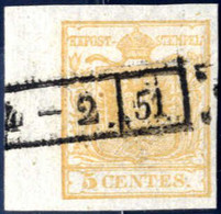 O 1850, 5 Cent. Giallo Bistro Con 7 Mm Bordo Di Foglio, Usato, Splendido, Firmato Colla, Sass. 1k / Ca 1.000,-++ - Lombardo-Vénétie