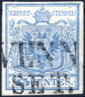 O 1850, 45 Cent Azzurro Chiaro I° Tipo Su Carta A Mano, Prima Tiratura Con Distanza 0,2mm, Usato, Splendido, Certificato - Lombardije-Venetië