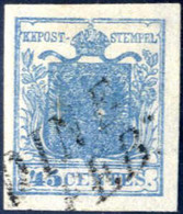 O 1850, 45 Cent. Azzurro Scuro I°tipo Con Centro In Risalto, Annullato, Firmato Colla, Sass. 10d / 125,- - Lombardije-Venetië