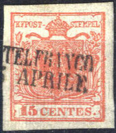 O 1850, 15 Cent. Rosso Vermiglio I°tipo Su Carta Costolata, Usato, Splendido, Cert. Weißenbichler, Sass. 14 / 350,- - Lombardije-Venetië