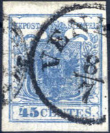 O 1850, 45 Cent Azzurro Scuro Su Carta Costolata, Usato, Splendido, Certificato Steiner, Sass. 17a / 1250,- - Lombardije-Venetië