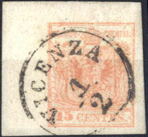 O 1850, 15 Cent. Angolo Di Foglio (9x4mm), Usato A Vicenza 1.2, Splendido, Sass. 20 / Ferch. 230,- - Lombardije-Venetië