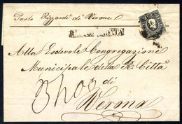 Cover 1858, 3 Soldi Nero, Primo Tipo, Su Raccomandata Da Verona Per Città, Francobollo Della Raccomandazione Lacerato Ne - Lombardo-Venetien