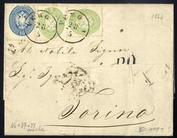 Cover 1863/64, Lettera Di Tre Sezioni Da Verona 28.5.1864 Per Torino Affrancata Per 16 Soldi Con Affrancatura Mista Due  - Lombardo-Venetien