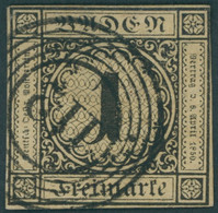 BADEN 1a O, 1851, 1 Kr. Schwarz Auf Sämisch, Nummernstempel 112, Kleine Rückseitige Schürfung Sonst Pracht, Gepr. Brettl - Baden