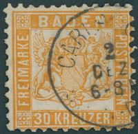 BADEN 22a O, 1862, 30 Kr. Lebhaftgelborange, K1 CARLSRUHE, Repariert Wie Pracht, Gepr. Bühler, Mi. (3200.-) - Baden