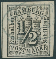 HAMBURG 1 O, 1859, 1/2 S. Schwarz Mit Zentrischem Ovalstempel, Voll-breitrandig Mit Trennlinien Links Und Rechts, Pracht - Hamburg