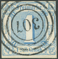 THURN Und TAXIS 15 O, 1860, 1 Sgr. Blau, Unterrandstück, Nummernstempel 307 (CREUZBURG), Pracht - Sonstige & Ohne Zuordnung