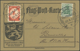 ZEPPELINPOST 10DA BRIEF, 1912, 10 Pf. Flp. Am Rhein Und Main Mit 5 Pf. Zusatzfrankatur Auf Flugpostkarte, Sonderstempel  - Luft- Und Zeppelinpost