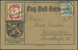 ZEPPELINPOST 10DA BRIEF, 1912, 10 Pf. Flp. Am Rhein Und Main Mit 5 Pf. Zusatzfrankatur Auf Flugpostkarte, Sonderstempel  - Luft- Und Zeppelinpost