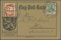 ZEPPELINPOST 10FR BRIEF, 1912, 10 Pf. Flp. Am Rhein Und Main Mit 5 Pf. Zusatzfrankatur Auf Flugpostkarte, Sonderstempel  - Luft- Und Zeppelinpost