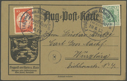 ZEPPELINPOST 10FR BRIEF, 1912, 10 Pf. Flp. Am Rhein Und Main Mit 5 Pf. Zusatzfrankatur Auf Flugpostkarte, Sonderstempel  - Luft- Und Zeppelinpost