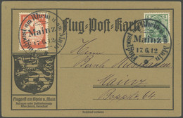 ZEPPELINPOST 10MZ BRIEF, 1912, 10 Pf. Flp. Am Rhein Und Main Mit 5 Pf. Zusatzfrankatur Auf Flugpostkarte, Sonderstempel  - Luft- Und Zeppelinpost