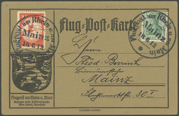 ZEPPELINPOST 10MZ BRIEF, 1912, 10 Pf. Flp. Am Rhein Und Main Mit 5 Pf. Zusatzfrankatur Auf Flugpostkarte, Sonderstempel  - Luft- Und Zeppelinpost