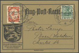 ZEPPELINPOST 10OF BRIEF, 1912, 10 Pf. Flp. Am Rhein Und Main Mit 5 Pf. Zusatzfrankatur Auf Flugpostkarte, Sonderstempel  - Luft- Und Zeppelinpost