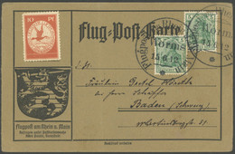 ZEPPELINPOST 10WO BRIEF, 1912, 10 Pf. Flp. Am Rhein Und Main Mit 2x 5 Pf. Zusatzfrankatur Auf Flugpostkarte, Sonderstemp - Luft- Und Zeppelinpost