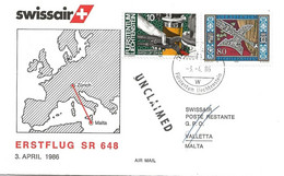Liechtenstein: 1986 Swissair Air Mail Brief Zürich - Valletta - Storia Postale