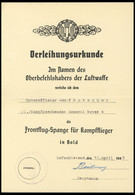 FELDPOST II. WK BELEGE 1945, Frontflug-Spange Für Kampfflieger In Gold, Verleihungsurkunde, Pracht - Occupation 1938-45