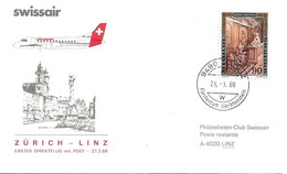 Liechtenstein: 1988 Swissair Air Mail Brief Zürich - Linz - Cartas & Documentos