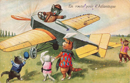 CPA Fantaisie - Animaux Habillés - En Route Pour L'atlantique - Chats Habillés Et Avion - Animales Vestidos