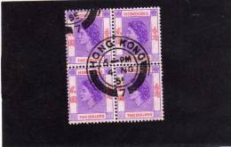 HONG KONG 1954 QUEEN ELIZABETH II BLOCK OF 4 REGINA ELISABETTA QUARTINA 2$ USED USATO OBLITERE' - Gebraucht