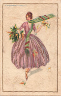 CPA Illustrateur - Corbella - Femme En Robe Rose Et Echarpe Verte Avec Des Fleurs Dans Un Panier - Corbella, T.