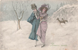 CPA Illustrateur - Couple Sous La Neige - Bonne Année - Nouvel An - Biche - V K Vienne - Zonder Classificatie