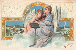 CPA Illustrateur - Deux Anges Avec Décor De Paysage Enneigé - Violon - Ange Violonniste - Non Classificati