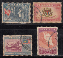 Set Of 4 Malaya Federation, Malaysia Used 1957, Rubber Tree, Job, Tin Dredger, Mineral, Coat Of Arms,  Tiger, Map, Flag - Federation Of Malaya