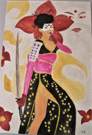 KATANA PIN UP JAPONAISE DESSIN & GOUACHE ORIGINAL FORMAT 20 X 30 - Gouaches