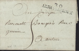 Cote D'Or Marque Linéaire 20 ARNAY SUR ARROUX 40X8 Noire Taxe Manuscrite 5 Pour Autun Lettre 23 Ventose An 2 (1794) - 1701-1800: Vorläufer XVIII
